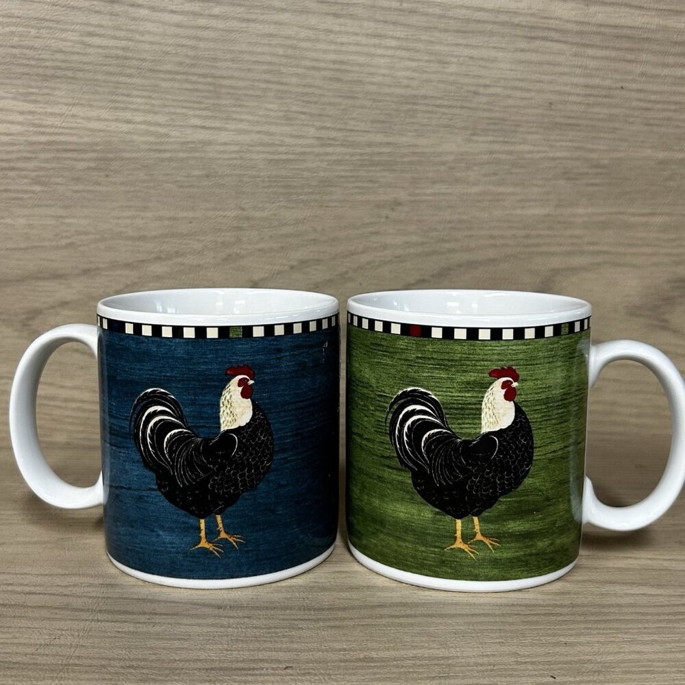2 Warren Kimble Rooster Mug by Sakura, NY Vtg 1999 Stoneware two Mugs Farmhouse